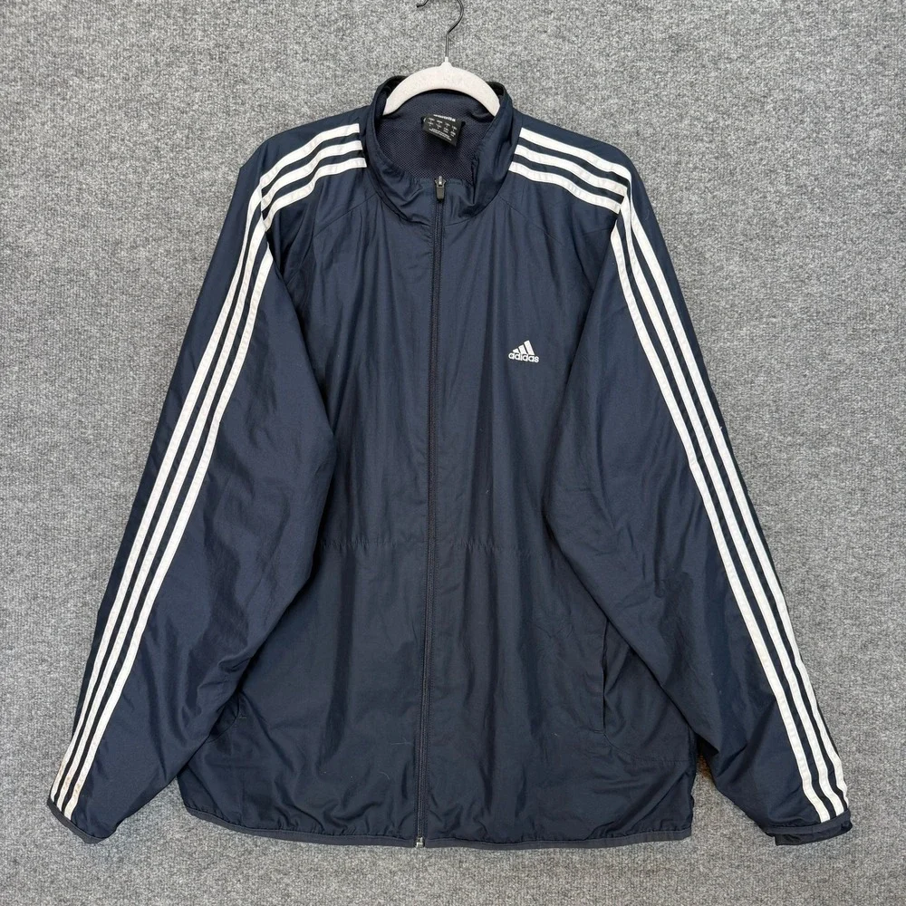 Adidas‎ Windbreaker Jacket Men Large Navy Blue Three Stripe Full Zip Up Y2K